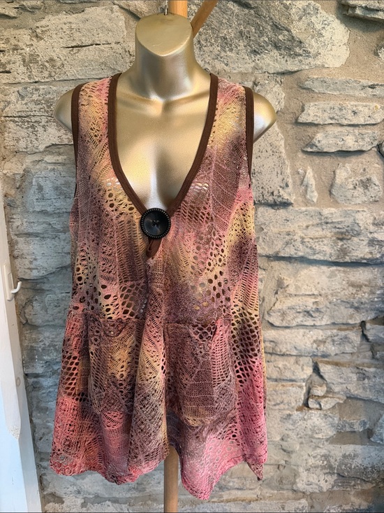 Tops - Crochet Overlay Top in Pink, Brown & Cream